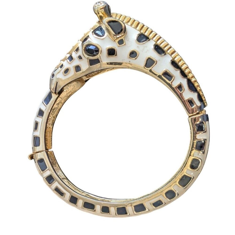 Gold-Tone Giraffe Design Hinged Bracelet size 6.5 with Black & White Enamel Deta - Picture 2 of 13